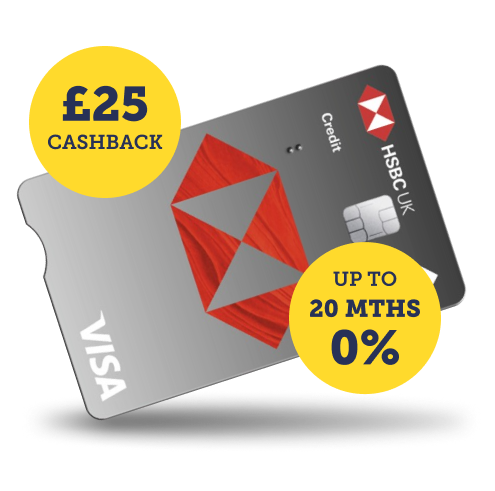 The HSBC credit card, overlaid with the text "£25 cashback" and "up to 20 months 0%". Image links to our Credit Card Eligibility Calculator, with this card already selected.