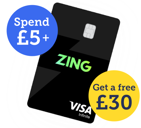 A Zing prepaid card, overlaid with text reading "Spend £5 or more, get a free £30". Image links to a full write-up about the card.