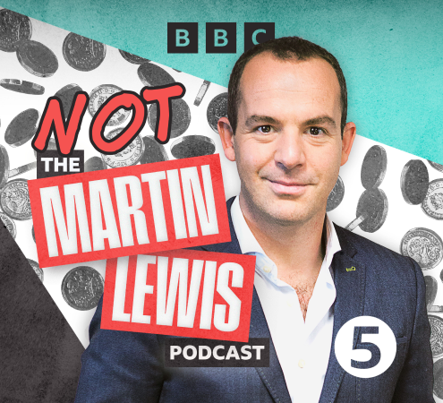 Promotional image for Martin's BBC podcast, with the text "Not the Martin Lewis Podcast". It also features the BBC logo and a number five, representing BBC Radio 5 Live. Image links to full info on this special renters' rights episode, from within our 50+ tips for renters guide.