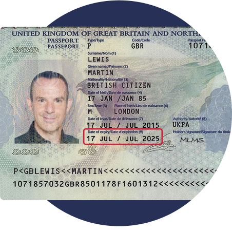 Mock-up of MoneySavingExpert.com founder Martin Lewis's passport, with the expiry date, of 17 July 2025, highlighted. It's got a red rectangle around it. Image links to our Passport renewal tips guide.