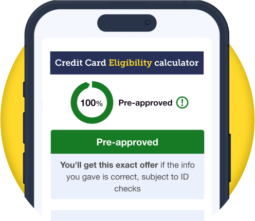 A mock-up of a mobile phone screen showing our Credit Card Eligibility Calculator, which shows that the user has been 100% pre-approved, and will "get this exact offer if the info you gave is correct, subject to ID checks". Image links to the calculator itself.