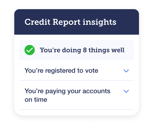 An image showing the Credit Report insights facility within MSE Credit Club, with the text reading: "You're doing 8 things well. You're registered to vote. You're paying your accounts on time". The image links to MSE Credit Club's Credit Eligibility Rating.