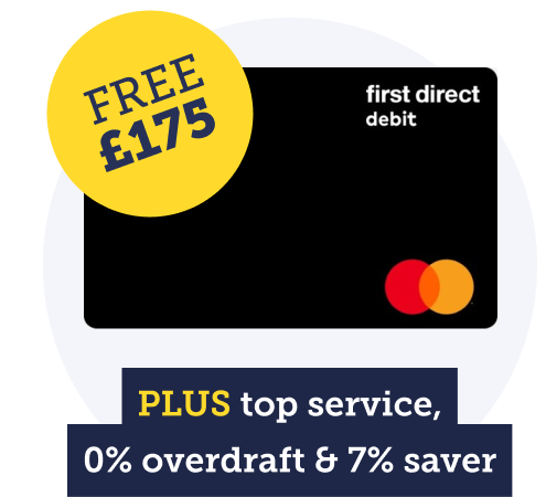 An image of a First Direct 1st Account debit card, with wording noting that it offers a free £175 plus top service, 0% overdraft and 7% saver. The image links to our review of the First Direct 1st Account within the Best bank accounts guide.