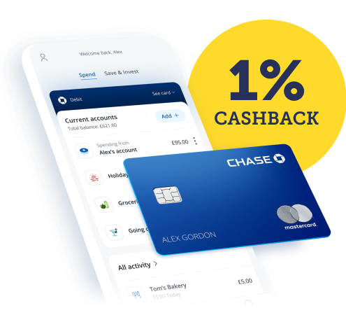 A mobile phone screen displaying the Chase app, with a Chase debit card overlaid, plus text reading "1% cashback". Image links to a full review of the Chase current account in our Best bank accounts guide.