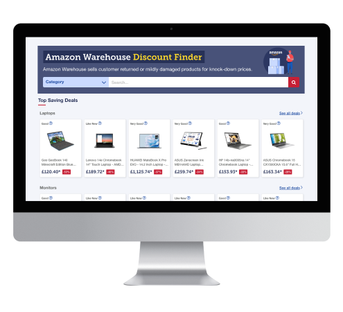 A computer screen displaying our Amazon Warehouse Discount Finder. The image links to this free tool.