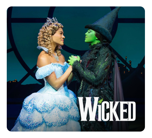 Two witches from the Wicked musical, Elphaba and Galinda, overlaid with the word "Wicked". Image links to our write-up of the Kids Week theatre deal.