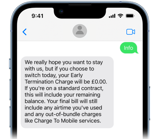 A mobile phone screen showing two text messages. The first reads, "info". The second text, in reply to the first, reads, "We really hope you want to stay with us, but if you choose to switch today, your Early Termination Charge will be £0.00. If you're on a standard contract, this will include your remaining balance. Your final bill will still include any airtime you've used and any out-of-bundle charges like Charge To Mobile services". Link takes you to more detail about texting "info" to 85075 to find out your contract status, in our Cheap mobile tips guide.