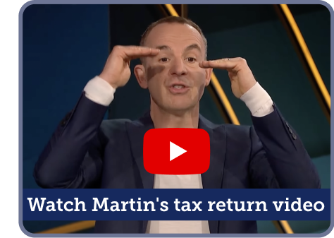 A still from Martin's ITV Money Show, featuring Martin, a red button with a white 'play' symbol, and text reading: "Watch Martin's tax return video". Link takes you to a MoneySavingExpert news story about the self-assessment tax return deadline, where you can access the video itself.