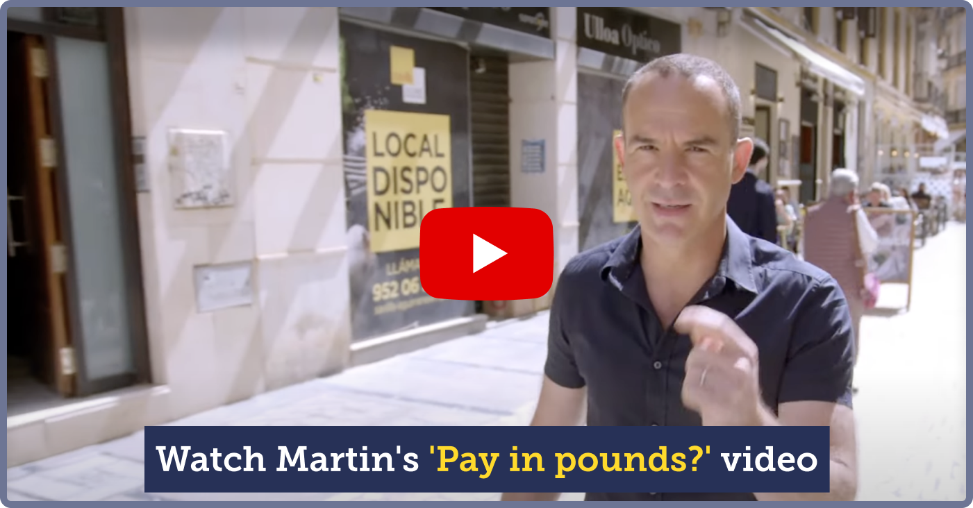 Screenshot showing Martin on his TV show, with a red 'play' button overlaid and underneath that the words "Watch Martin's 'Pay in pounds?' video". Image links to Martin's blog where you can watch the actual video.