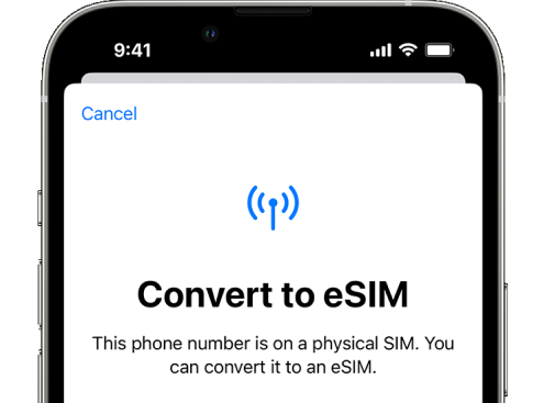  Mobile phone screen featuring the words "Convert to eSim. This phone number is on a physical Sim. You can convert it to an eSim". Image links to our full 'What is an eSim?' guide, and a section titled 'An eSim could save you cash when travelling outside of Europe'.