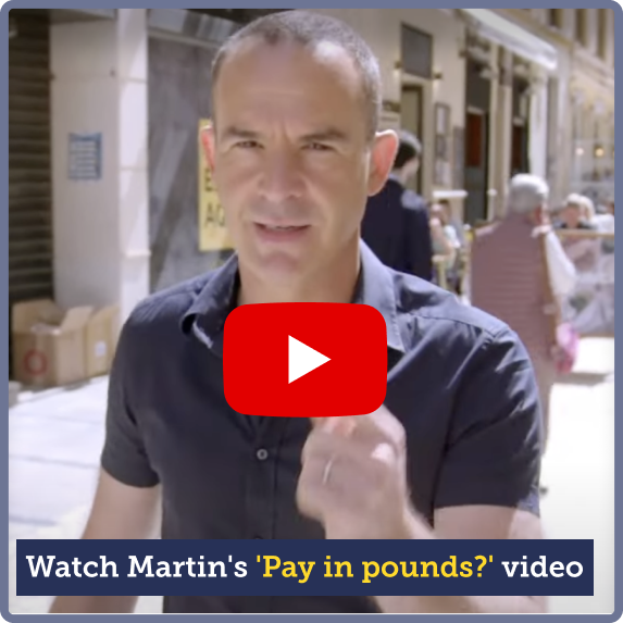 Screenshot showing Martin on his TV show, with a red 'play' button overlaid and underneath the words "Watch Martin's 'Pay in pounds?' video". Image links to Martin's blog where you can watch the actual video.